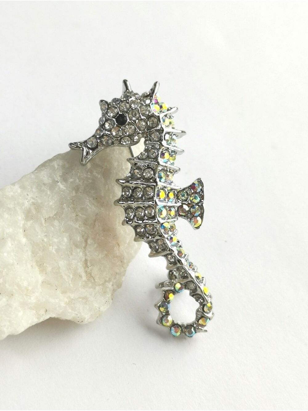 Silver  Clear & A/B Crystal Seahorse Brooch pin 🆕